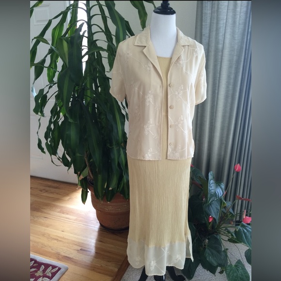 Vintage Pale Yellow Gauzy Maxi Dress & Sheer Embroidered Top Set M (8/10) - Picture 2 of 16